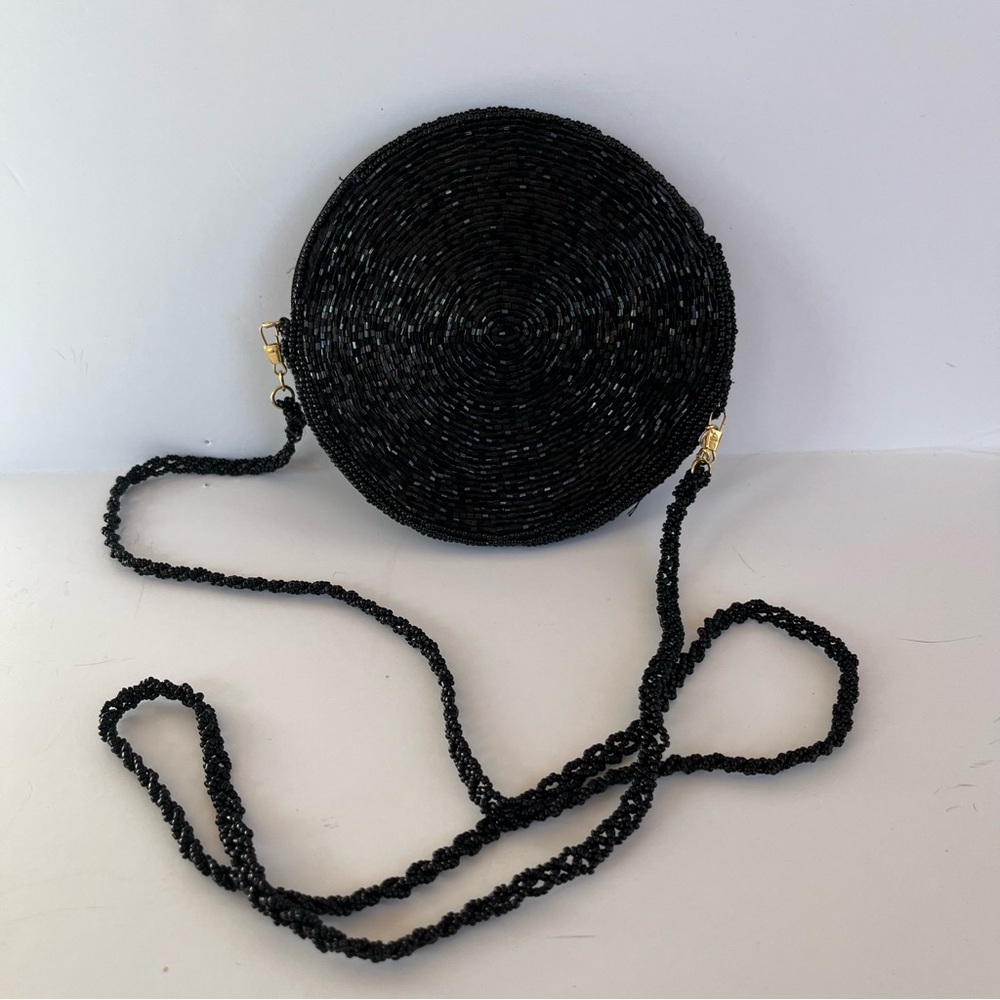 Vintage Black Beaded Round Crossbody Bag
